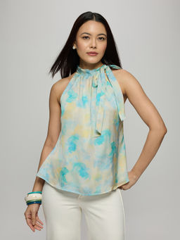 Twenty Dresses by Nykaa Fashion - Aqua Satin Abstract Gathered Tie Up Neck Regular Top