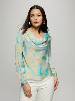 Twenty Dresses by Nykaa Fashion - Aqua Satin Abstract Cowl Neck Full Sleeves Top