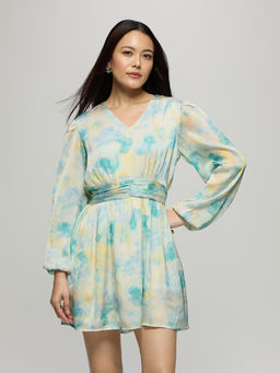 Twenty Dresses by Nykaa Fashion - Aqua Satin Abstract V Neck Ruched Waist Mini Dress