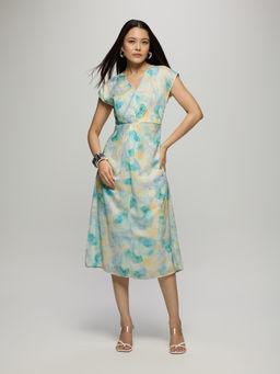 Twenty Dresses by Nykaa Fashion - Aqua Satin Abstract V Neck Front Twisted Midi Dress