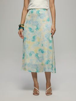 Twenty Dresses by Nykaa Fashion - Aqua Satin Abstract Printed Mid Waist A Line Midi Skirt