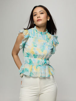 Twenty Dresses by Nykaa Fashion - Aqua Chiffon Abstract Ruffled Neck Frilled Sleeves Top