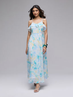 Twenty Dresses by Nykaa Fashion - Aqua Chiffon Abstract Strappy Frilled Neck Flared Maxi Dress