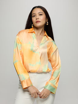 Twenty Dresses by Nykaa Fashion - Yellow Satin Abstract Collared Full Sleeves Overlapped Top