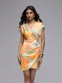 Twenty Dresses by Nykaa Fashion - Yellow Satin Abstract V-Neck Cap Sleeves Wrapped Mini Dress