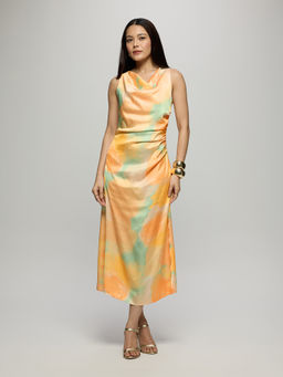 Twenty Dresses by Nykaa Fashion - Yellow Satin Abstract Cowl Neck Side Ruched Midi Dress