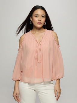 Twenty Dresses by Nykaa Fashion - Peach Solid V Neck Cold Shoulder Full Sleeves Regular Top
