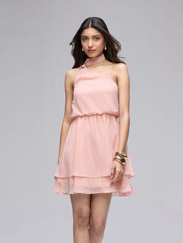 Twenty Dresses by Nykaa Fashion - Peach One Shoulder Neck Mini Dress with Attached Mock Scarf