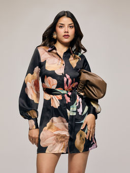 Twenty Dresses by Nykaa Fashion - Black Satin Floral Collared Mini Shirt Dress With Belt