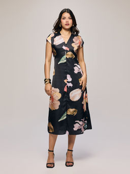 Twenty Dresses by Nykaa Fashion - Black Satin Floral V Neck Cut Sew Button Detail Midi Dress