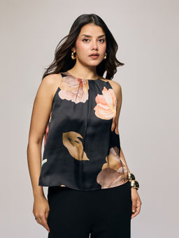 Twenty Dresses by Nykaa Fashion - Black Satin Floral Round Neck Sleeveless Top