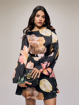 Twenty Dresses by Nykaa Fashion - Black Satin Floral Boat Neck Mini Dress With Belt