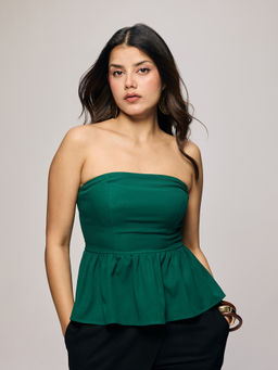 Twenty Dresses by Nykaa Fashion - Green Crepe Smocked Back Peplum Tube Top