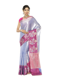 Banarasi Silk Works - Blue Silver Zari Kanchi Silk Tanchoi Meena Saree with Unstitched Blouse
