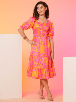 Globus - Women Orange Printed Puff Sleeve Fit and Flare Midi Dress