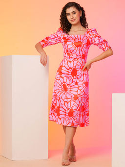 Globus - Women Pink Floral Square Neck A-line Midi dress