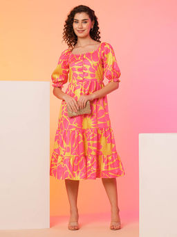 Globus - Women Pink Printed Puff Sleeve Fit and Flare Midi Dress