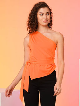 Globus - Women Orange One Shoulder Waist Tie Up Party Top