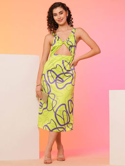 Globus - Women Neon Green Abstract Twist Neck Bodycon Party Dress