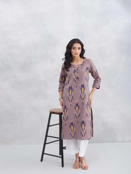 Fabindia - Grey Cotton Ikat Slim Fit Long Kurta