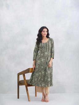Fabindia - Green Cotton Dabu Printed Long Kurta