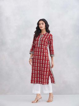 Fabindia - Maroon Cotton Bagh Printed Slim Fit Long Kurta