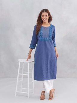 Fabindia - Blue Cotton Dabu Printed Long Kurta