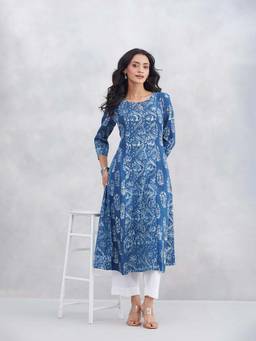 Fabindia - Blue Cotton Dabu Printed Slim Fit Long Kurta