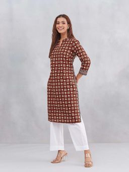 Fabindia - Brown Cotton Bagh Printed Knee Length Kurta