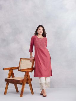 Fabindia - Pink Cotton Silk Embroidered Long Kurta