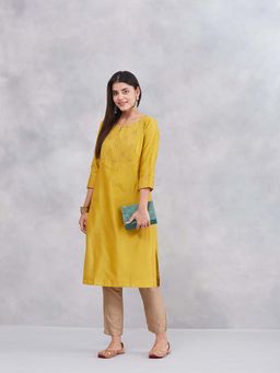 Fabindia - Yellow Cotton Silk Embroidered Long Kurta