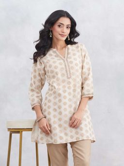 Fabindia - Natural Cotton Silk Printed Slim Fit Short Kurti - Beige