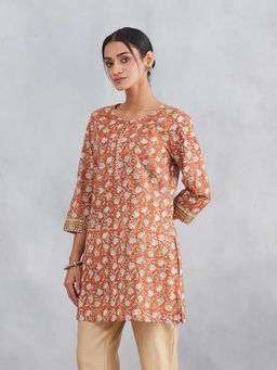 Fabindia - Orange Cotton Hand Block Printed Slim Fit Short Kurti