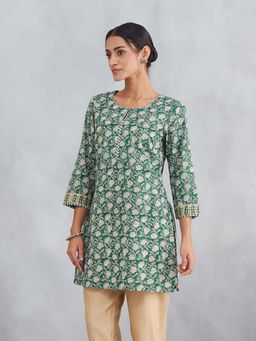 Fabindia - Green Cotton Hand Block Printed Slim Fit Short Kurti