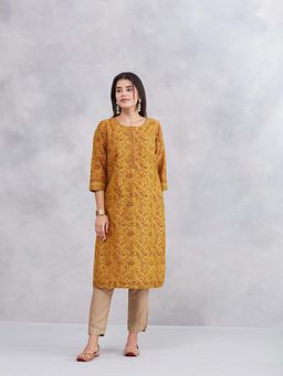 Fabindia - Yellow Cotton Silk Hand Block Printed Long Kurta