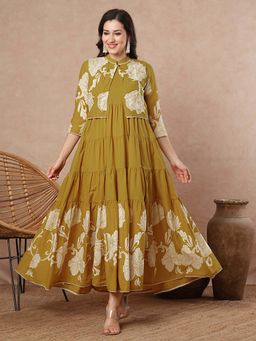 FASHOR - Floral Printed A-Line Tiered Flared Dress With Short Jacket - Olive
