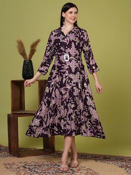 FASHOR - Abstract Foil Printed A-Line Flared Dress With Belt - Black