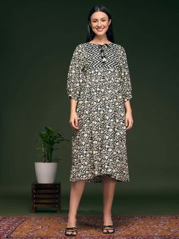 FASHOR - Ethnic Floral Printed Embroidered A-Line Pleated Dress - Multi-Color