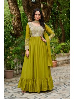JATRIQQ - Perrot Star Georgette Embroidery Beads Sequins Gown With Dupatta - Green