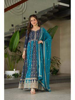 JATRIQQ - Teal Faux Georgette With Zari And Sequins Embroidered Work Wedding Gown with Dupatta