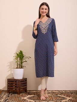 FASHOR - Ethnic Floral Printed Embroidered Straight Fit Kurta - Navy Blue