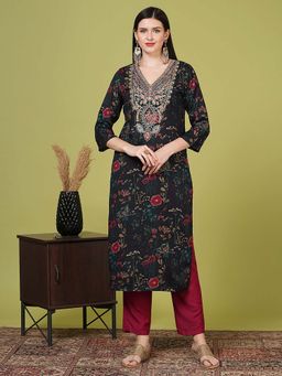 FASHOR - Ethnic Floral Printed And Embroidered Straight Fit Kurta - Green
