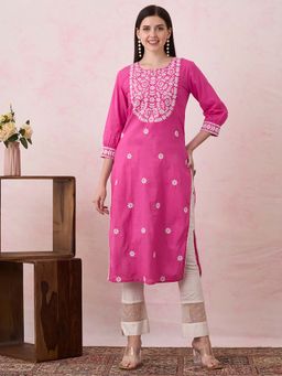 FASHOR - Embroidered Straight Fit Kurta - Pink