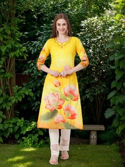 FASHOR - Lotus Printed Straight Fit Kurta - Yellow