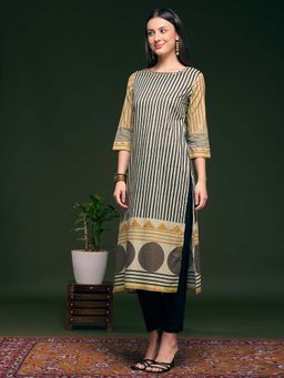 FASHOR - Stripes Printed And Embroidered Straight Fit Kurta - Multi-Color