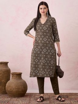 FASHOR - Ethnic Floral Printed Straight Fit Kurta - Brown