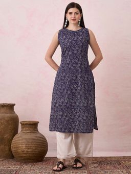 FASHOR - Ethnic Floral Printed Straight Fit Kurta - Navy Blue