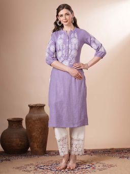 FASHOR - Floral Embroidered Straight Fit Kurta - Lavender