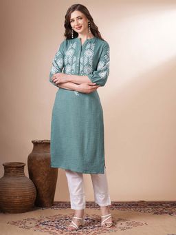 FASHOR - Floral Embroidered Straight Fit Kurta - Sage Green