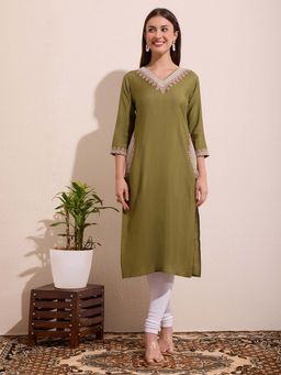 FASHOR - Ethnic Embroidered Straight Fit Kurta - Olive